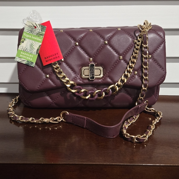 Badgley Mischka Handbags - Badgley Mischka Plum Quilted Hand Bag with Gold Chain and Adjustable Crossbody